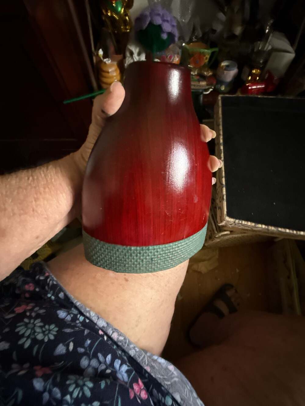 Primitive Folk Art Red Wood Decorative Vase with Textured Green Base